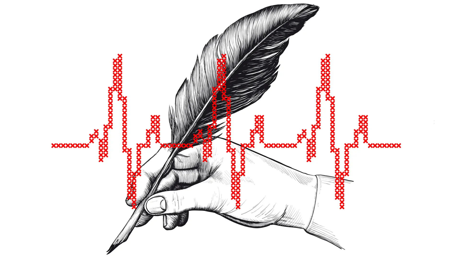 Illustration med en hand som håller en fjäderpenna och över den en graf med hjärtslag broderad i korsstygn.
