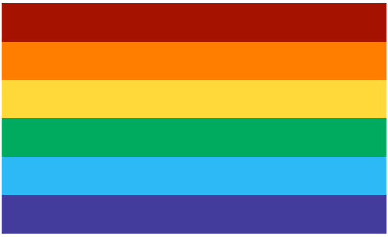 Prideflaggan med sex horisontella ränder i rött, orange, gult, grönt, ljusblått och lila.