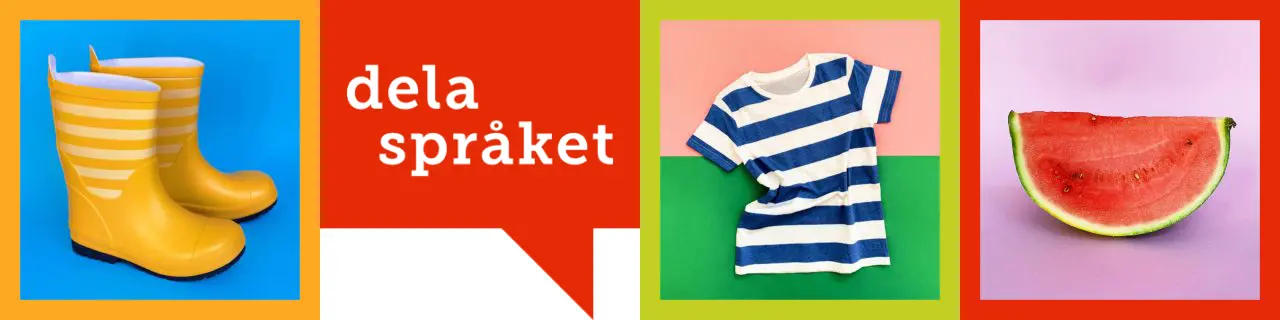 Kollage: Gummistövlar, pratbubbla med texten "dela språket", t-tröja och melon.