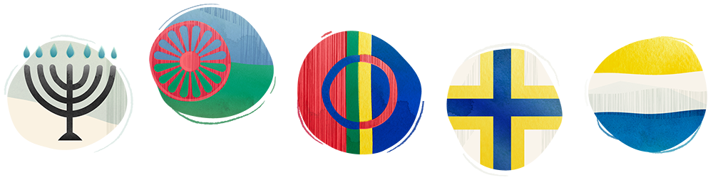 Tecknade flaggor för de fem minoritetsspråken