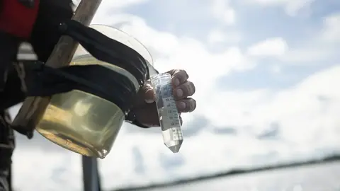 Närbild på en hand som håller i ett provrör med vatten, himmel i bakgrunden.